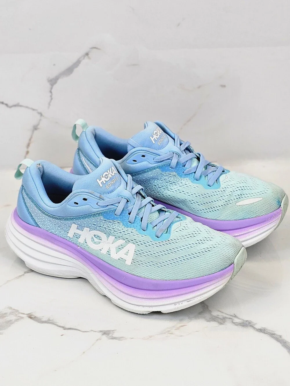 HOKA One One Women's Bondi 8 Running Shoes in Ice Water / Bellwether Blue